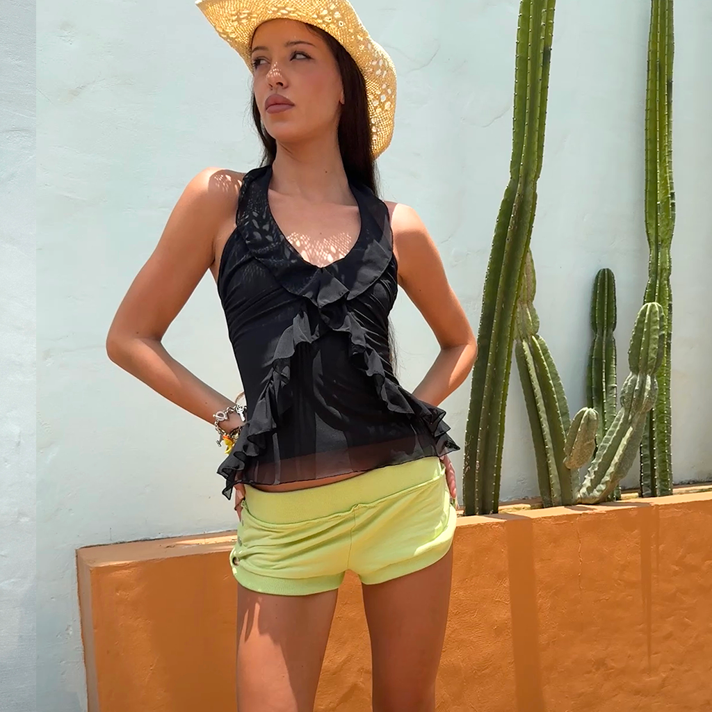 Frill Mesh Halter Top Black